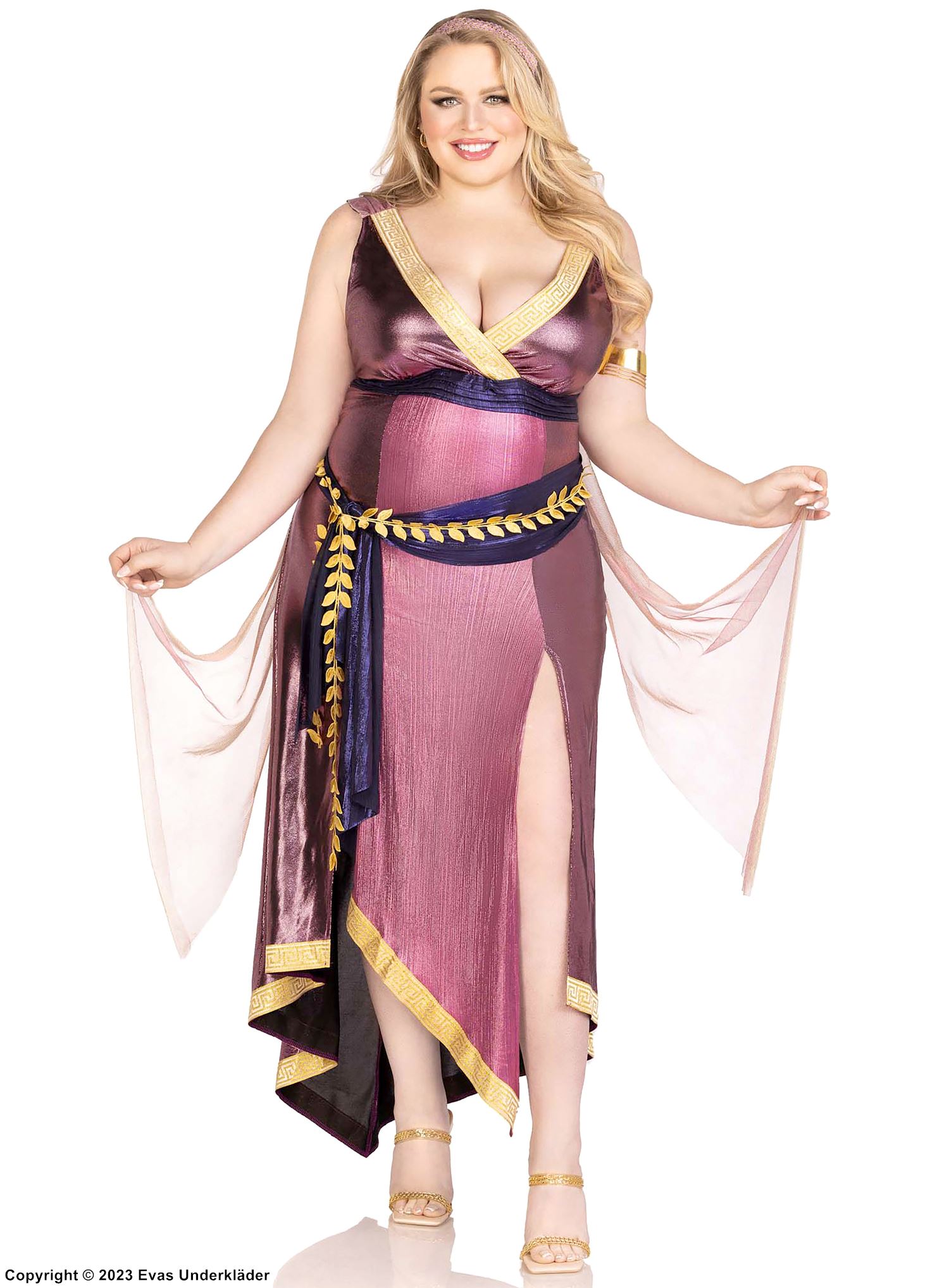 Gudinna, maskeradklänning med midjeband och hög slits, plus size